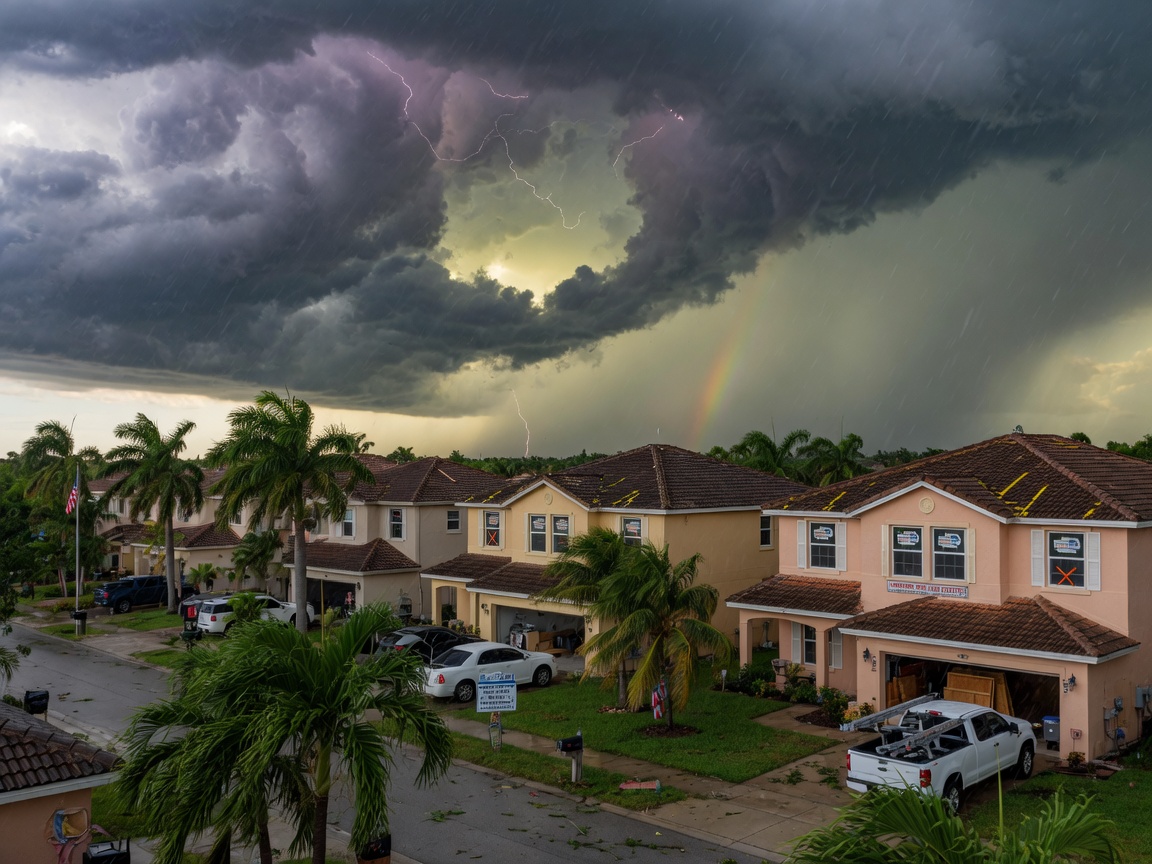 Ultra-realistic 8K photograph of summer thunderstorm approaching Estero Florida homes emphasizing the need for proper hurricane wind load Favorites