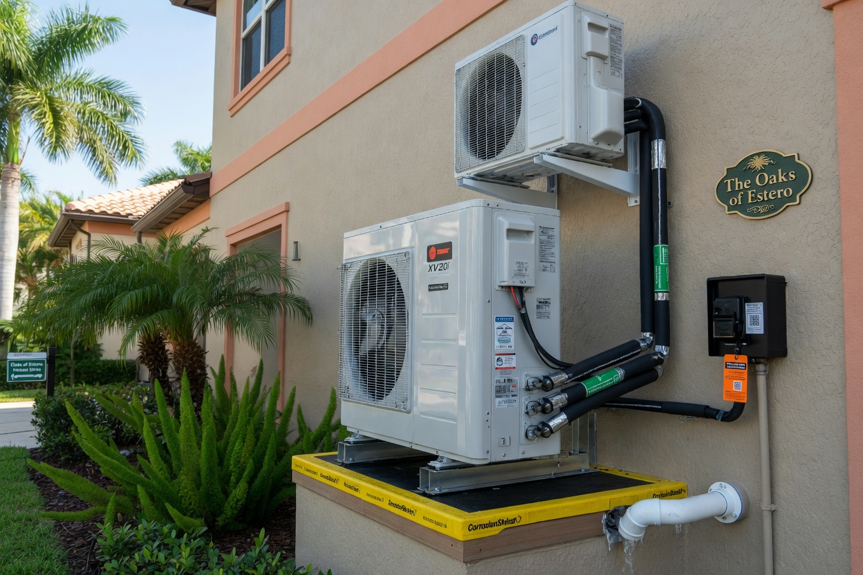 Modern HVAC system with corrosion protection installed on a home in the Oaks of Estero neighborhood, 8K ultra-realistic