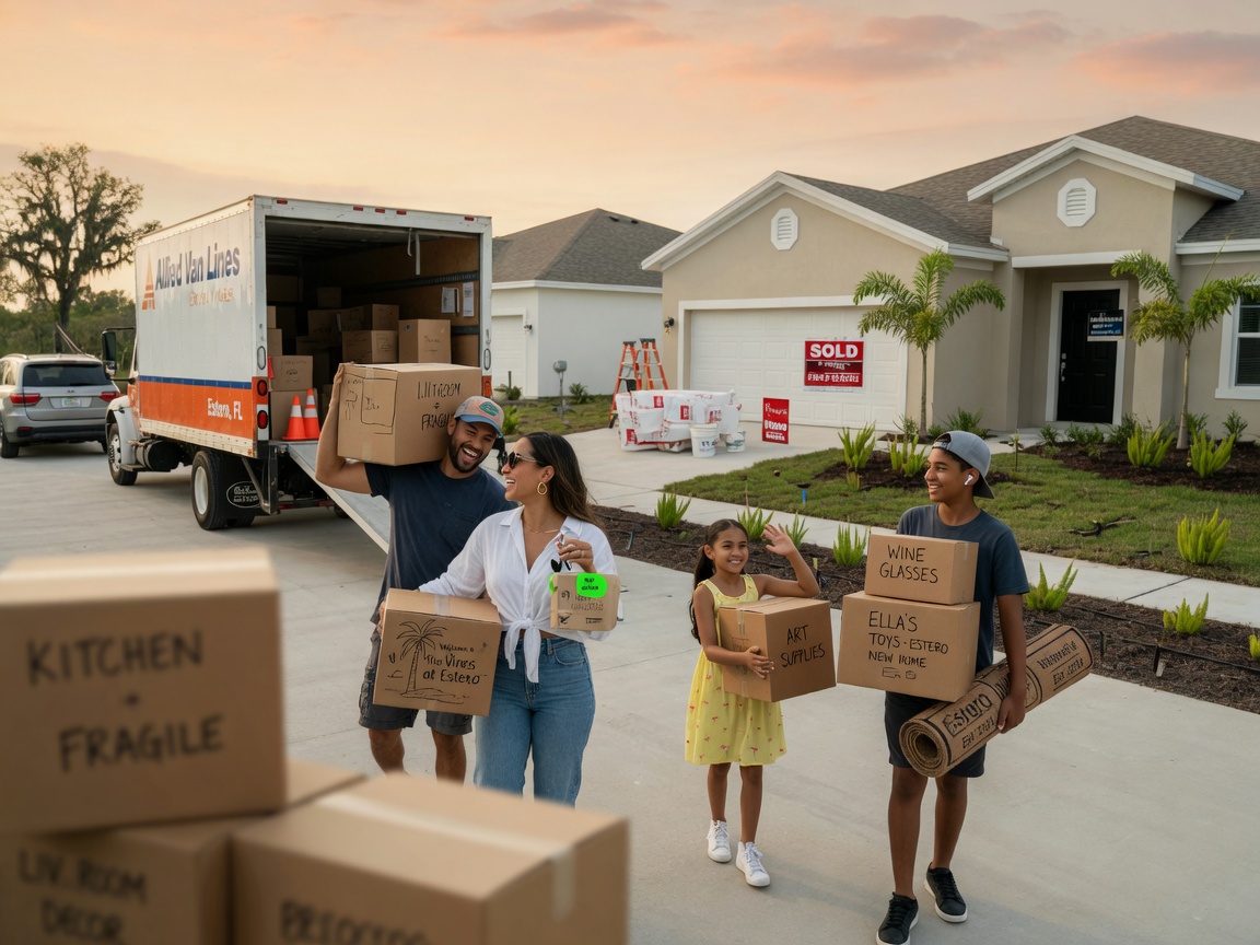 Happy family moving into brand new construction home in Estero FL carrying boxes with moving truck in driveway, warm realistic 8K photography