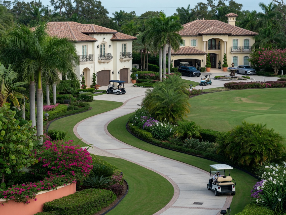 Professional ultra-realistic 8K photograph of a private golf cart path winding through Mediterra Naples community with lush vegetation and luxury homes