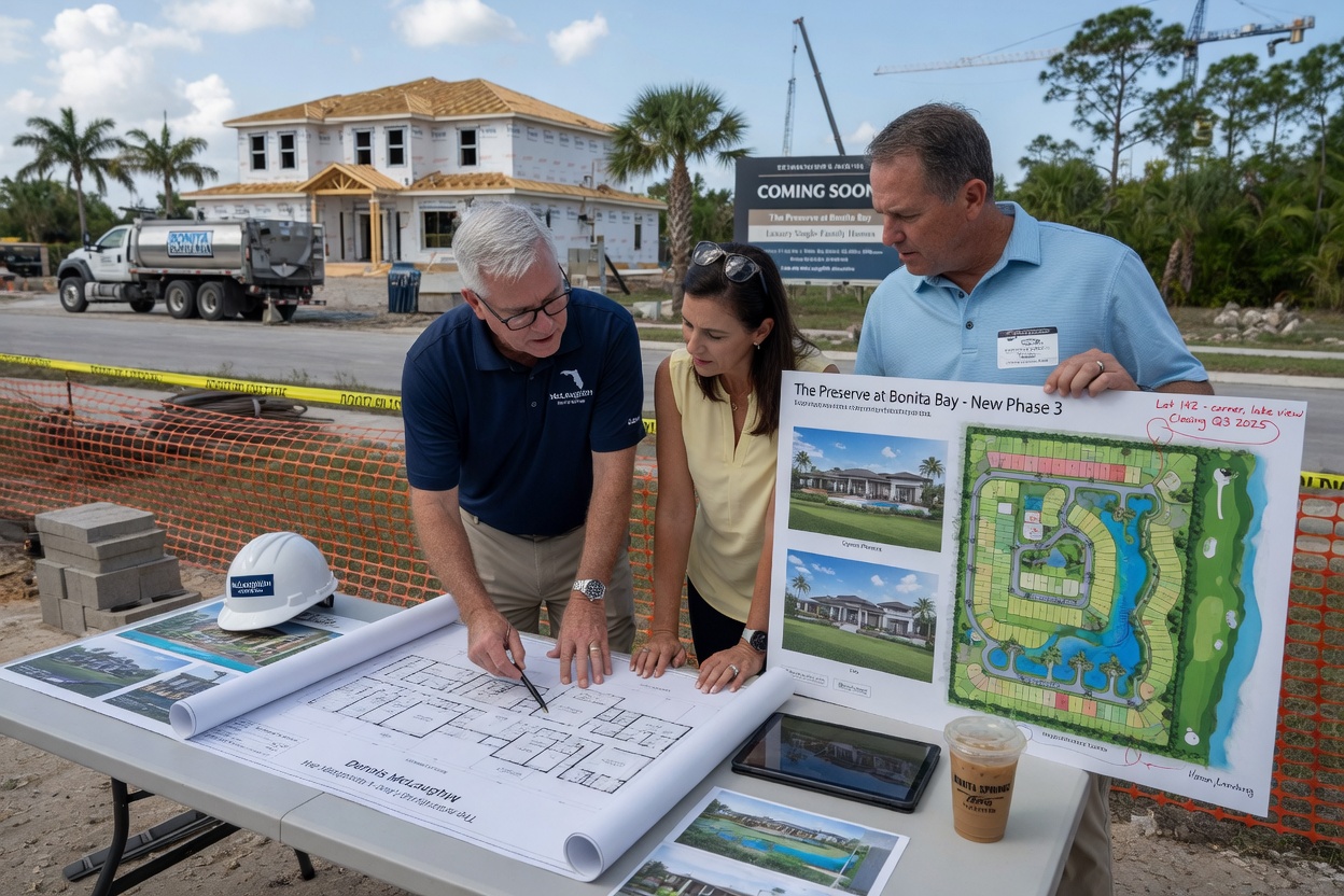 Professional real estate advisor Dennis McLaughlin consulting with couple reviewing floor plans and community maps at new construction site in Bonita Springs Florida