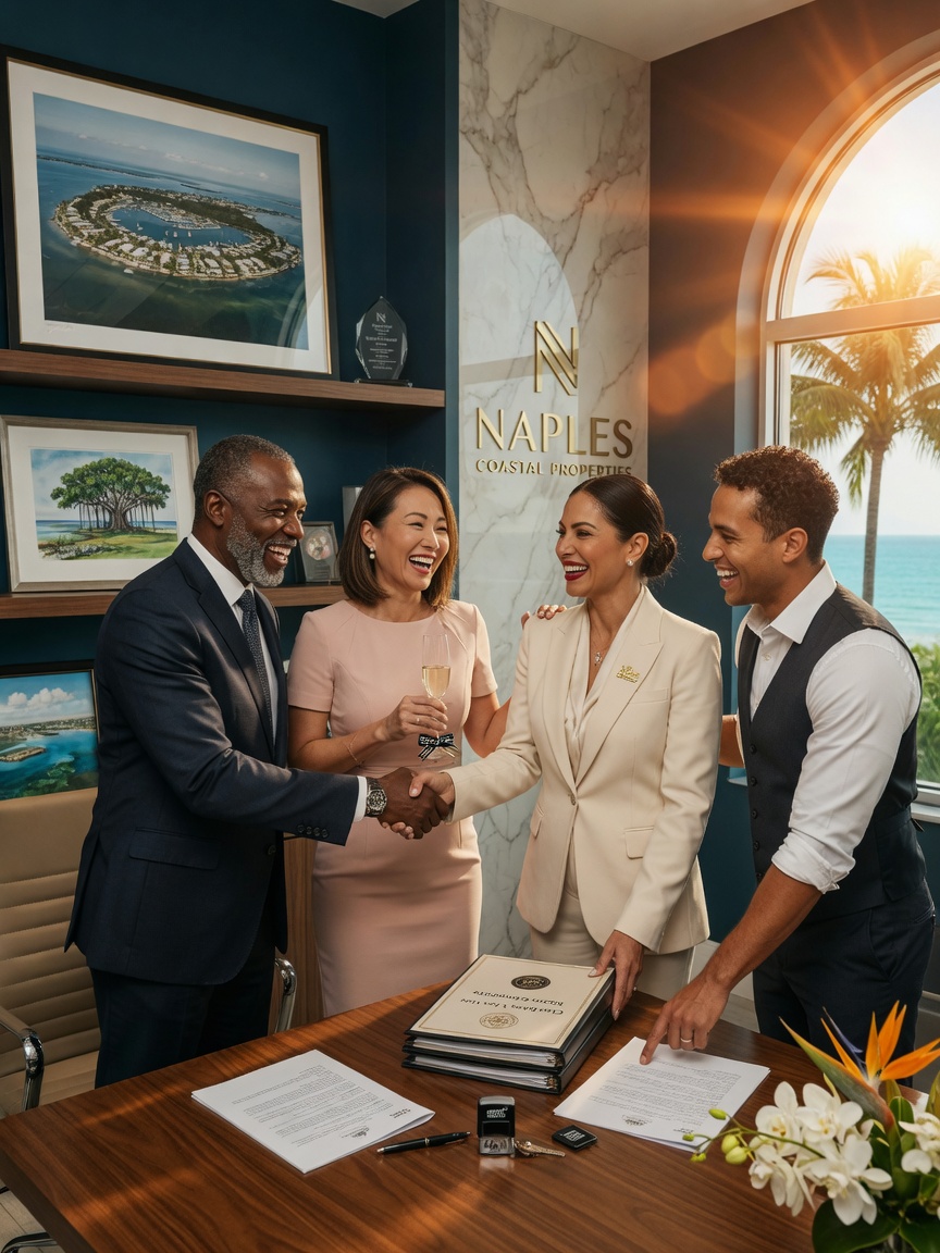 Professional ultra-realistic 8K portrait of diverse happy clients shaking hands with their Naples real estate agent after successful closing in an elegant office setting