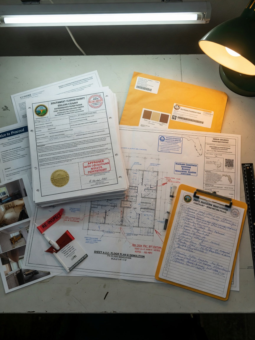 Ultra-realistic 8K detailed image of building permit documents, blueprints, and inspection checklist for Southwest Florida condominium renovation