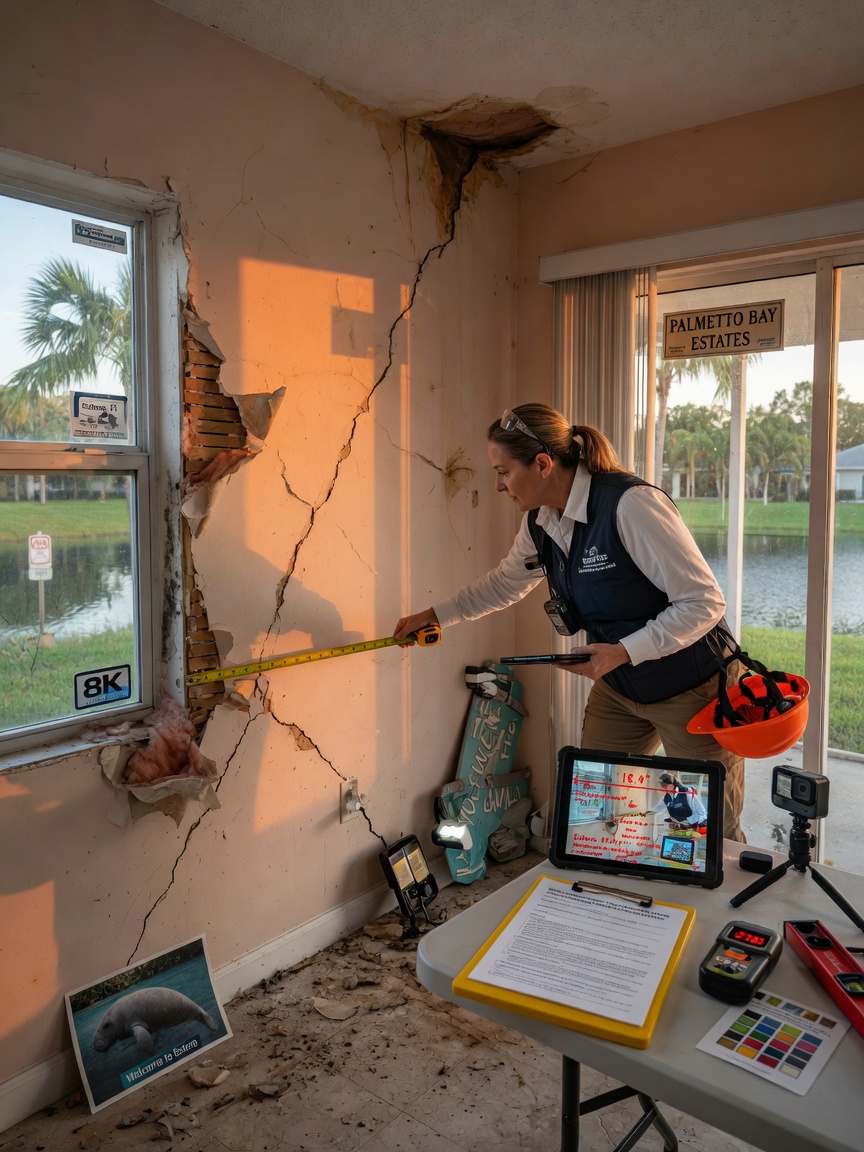 Ultra-realistic 8K image of professional measuring and documenting structural damage on an Estero home before starting Favorites repair