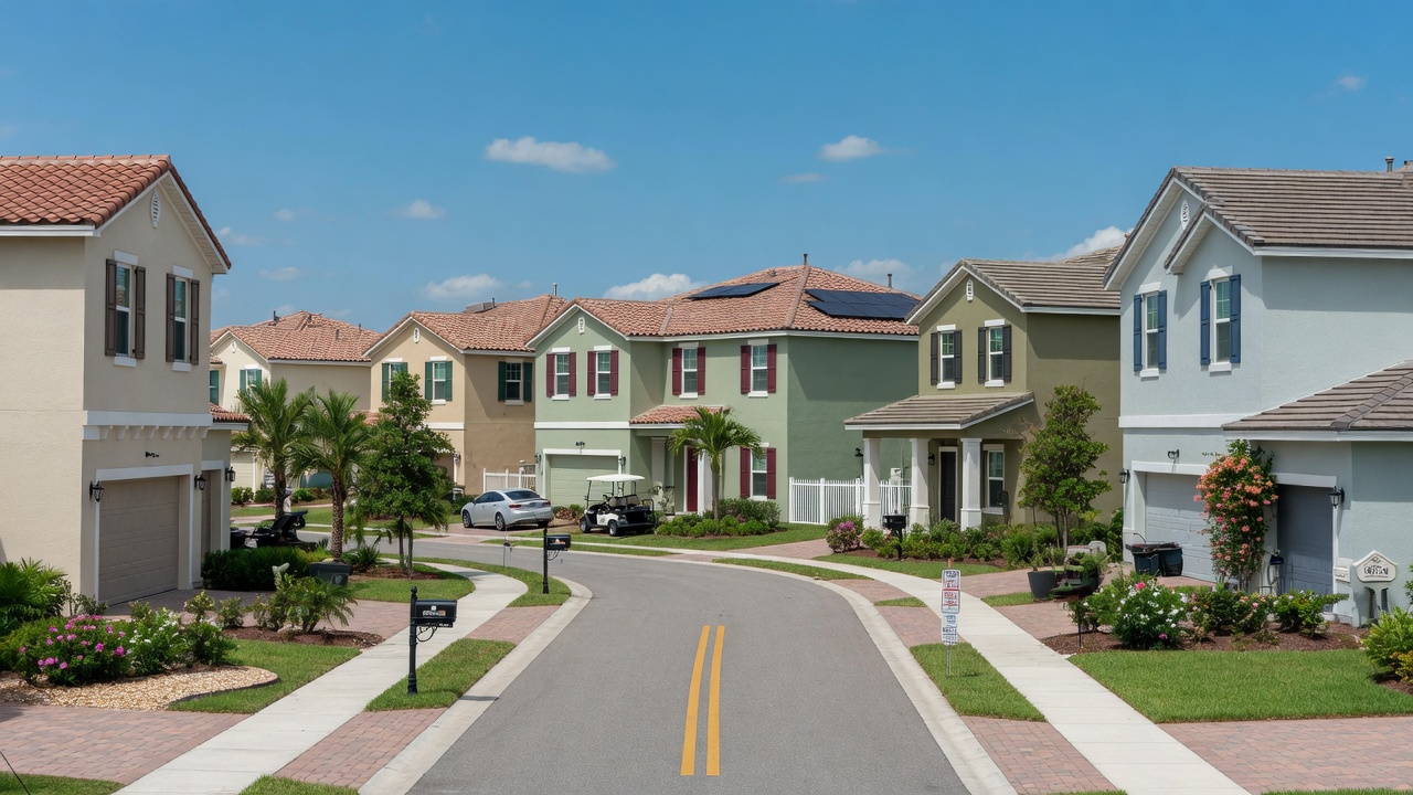 HOA approved exterior paint colors and finishes on multiple homes lined along a street in Oaks of Estero, sunny day 8K