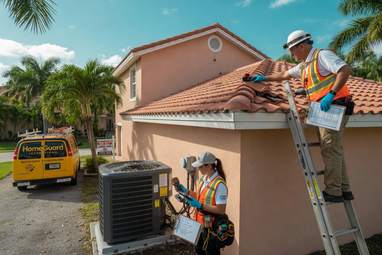 Pre-listing home inspection in progress with inspector examining roof and HVAC system of Estero Florida house, documentary style 8K realism