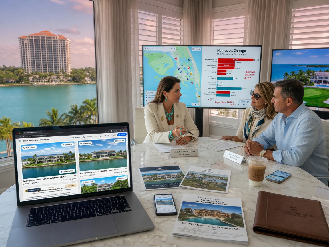 Detailed 8K image of a Naples Florida luxury real estate sales consultation meeting with laptop displaying MLS listings, community maps, and cost comparison charts