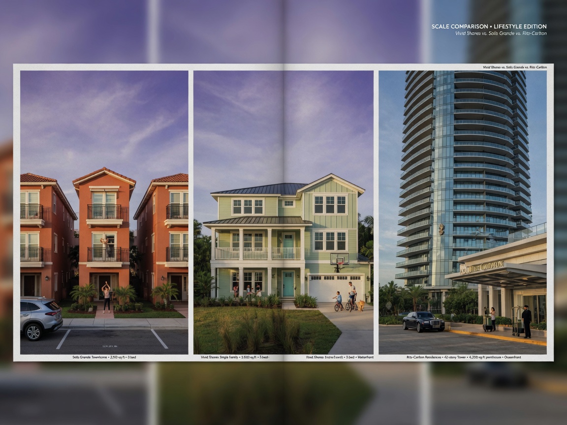 Dramatic comparison collage showing Solis Grande townhome, Vivid Shores single family home and Ritz-Carlton luxury tower side by side with accurate scale representation