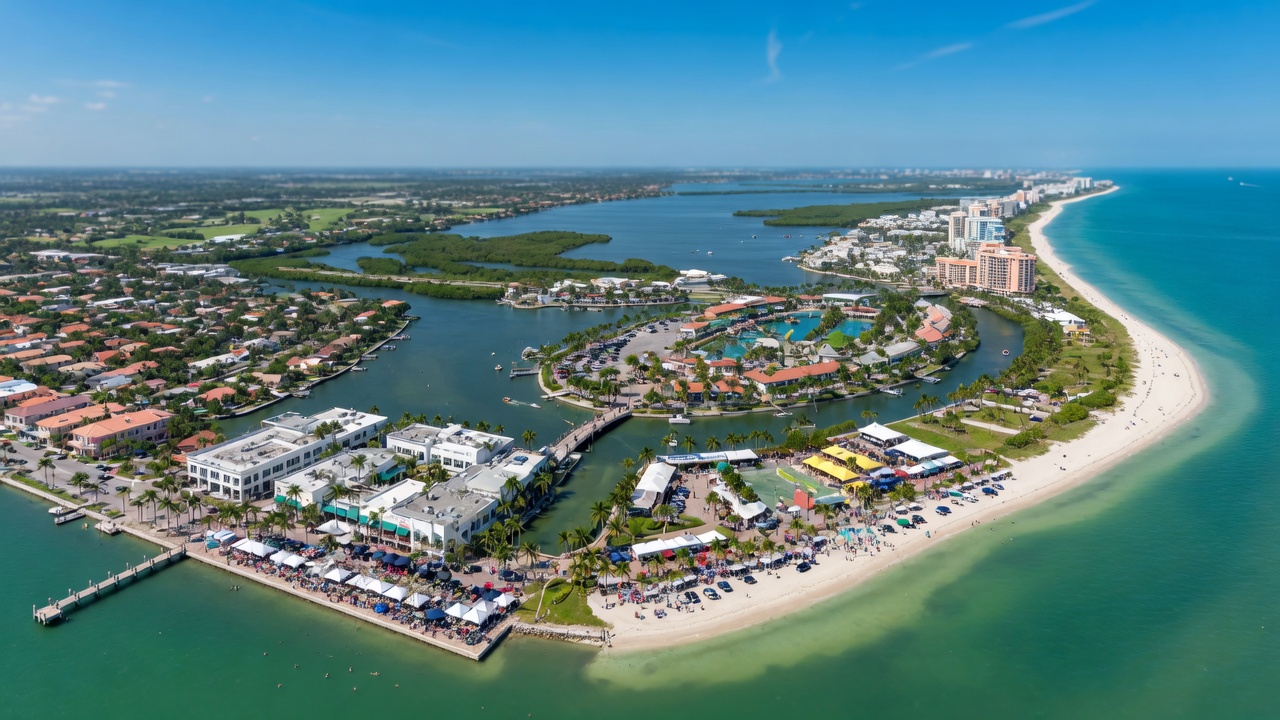 Ultra-realistic 8K aerial photograph of the connected Southwest Florida coastline showing Naples, Estero and Bonita Springs markets during a clear blue sky day