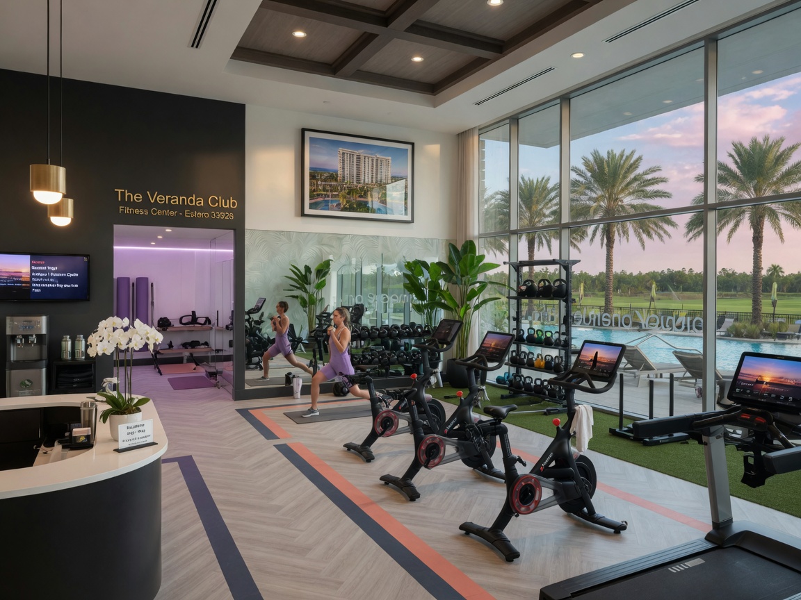 Ultra-realistic 8K photograph of modern fitness center and gym facilities inside an exclusive Naples condo resort community in Estero 33928