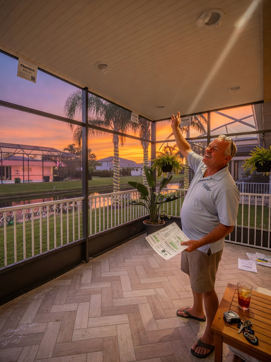 Ultra-realistic 8K photograph of happy Estero Florida homeowner inspecting newly completed Favorites work on their lanai during sunset