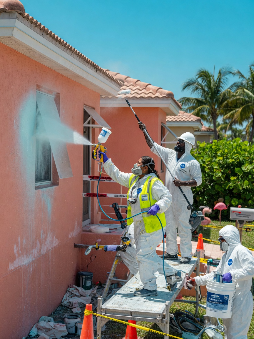 Professional crew applying salt-resistant protective coating to a house exterior in Southwest Florida, action shot 8K