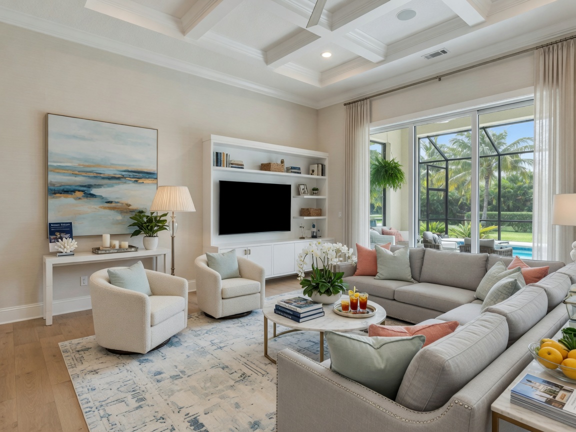 Professional real estate photographer taking photos of beautifully staged living room in Estero home for sale, natural lighting, 8K ultra-realistic