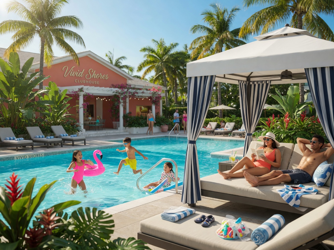 Family enjoying resort-style pool at Vivid Shores clubhouse with children playing and parents relaxing under cabanas with tropical landscaping in background, 8K realistic