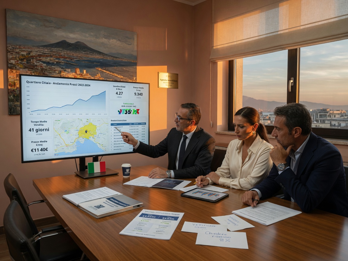 Ultra-realistic 8K image of a serious real estate consultation meeting with clients reviewing neighborhood statistics and market data on large monitor in Naples office