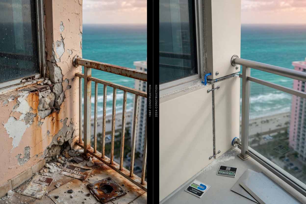 Ultra-realistic 8K image showing comparison of older versus newer Naples condo construction techniques against salt air corrosion in Florida