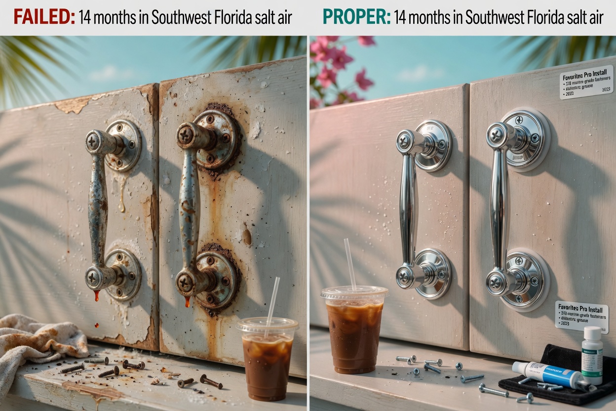 Ultra-realistic 8K image showing comparison of failed versus properly installed Favorites hardware after exposure to Southwest Florida salt air and humidity