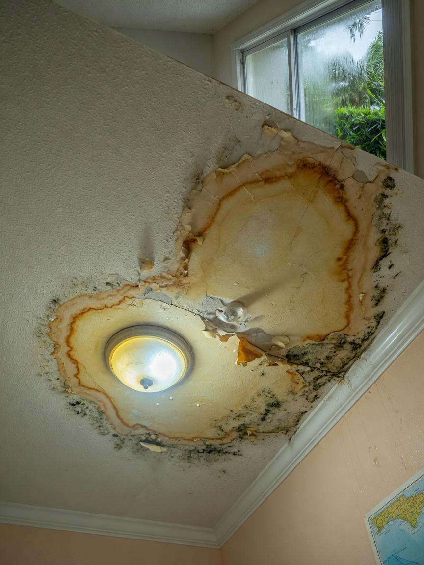 Interior water damage ceiling stain from roof leak in a humid Estero Florida home, realistic 8K photography