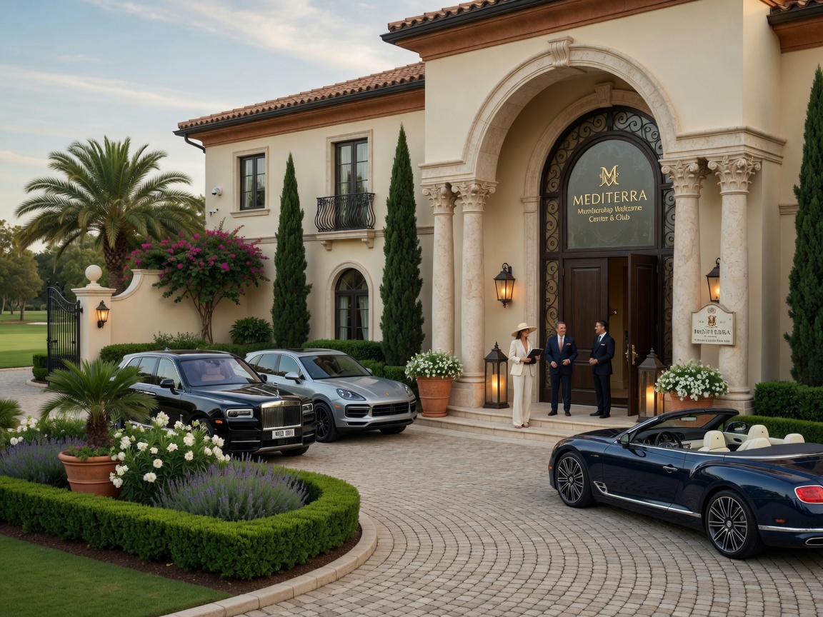 8K professional image of Mediterra Naples membership welcome center and club entrance with elegant architecture, landscaping, and luxury vehicles in driveway