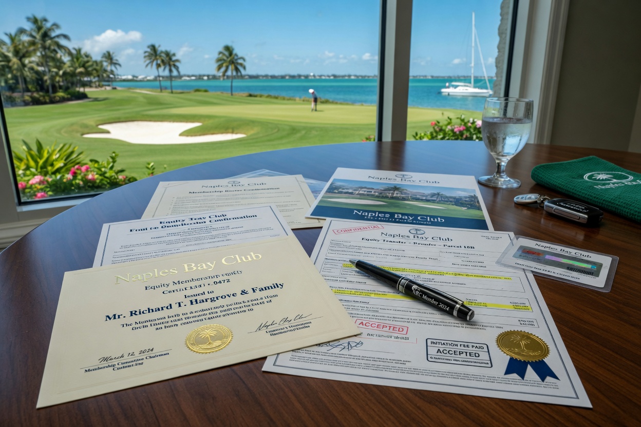 Ultra-realistic 8K photograph of luxury Naples Florida club membership documents and equity transfer paperwork on a table with golf course view through window