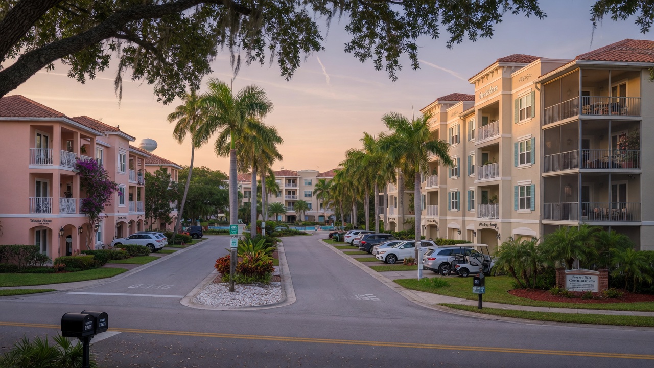 Ultra-realistic 8K wide angle photograph of tree-lined street with multiple Naples condo buildings in a well-maintained Estero Florida neighborhood