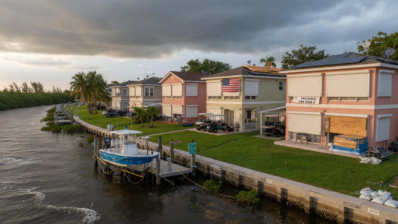 Ultra-realistic 8K wide angle view of Estero River waterfront properties in 33928 with storm shutters installed as part of Favorites preparation