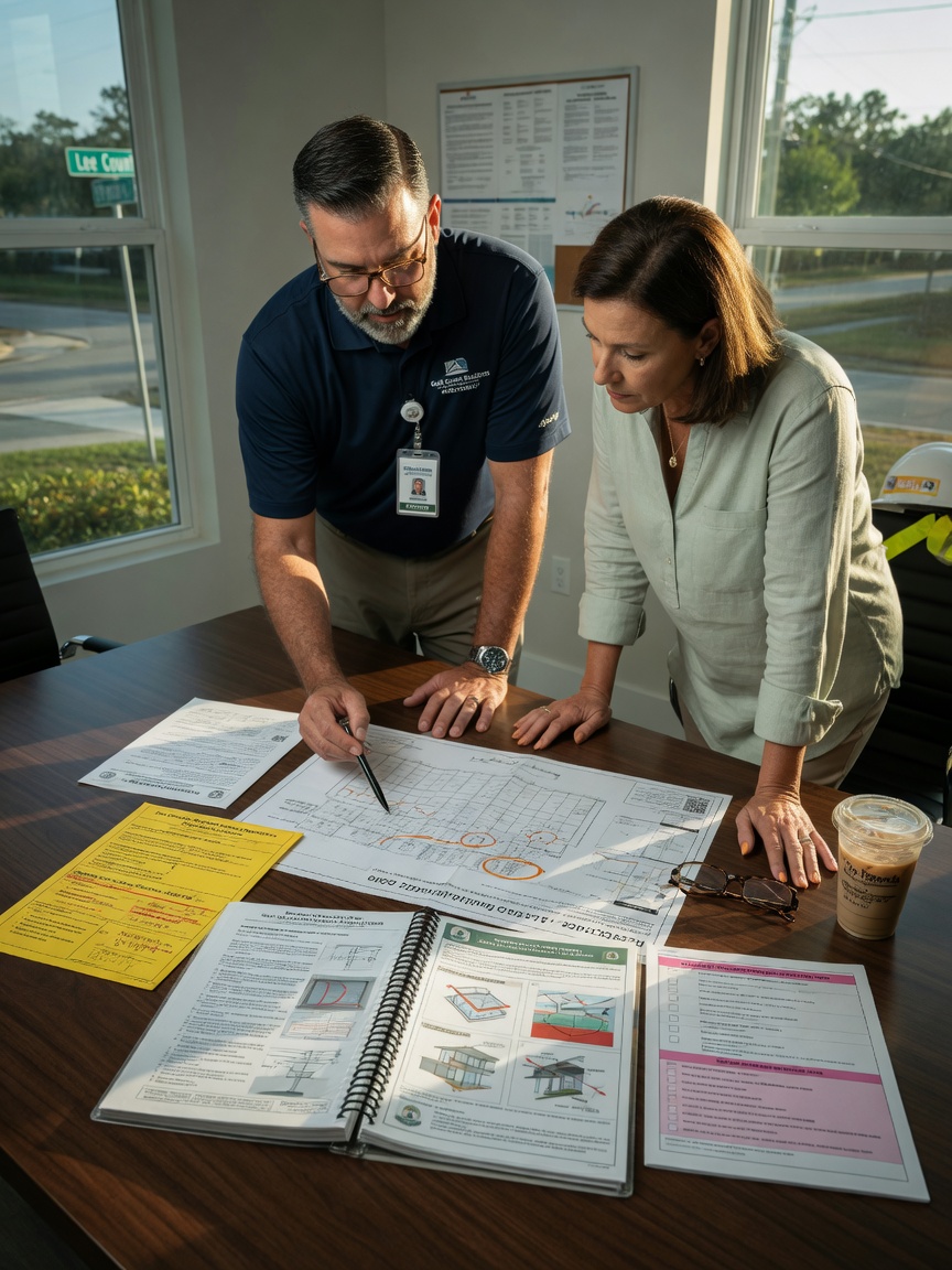 Licensed contractor reviewing Lee County building permits and hurricane code documents with homeowner in Estero, 8K detail