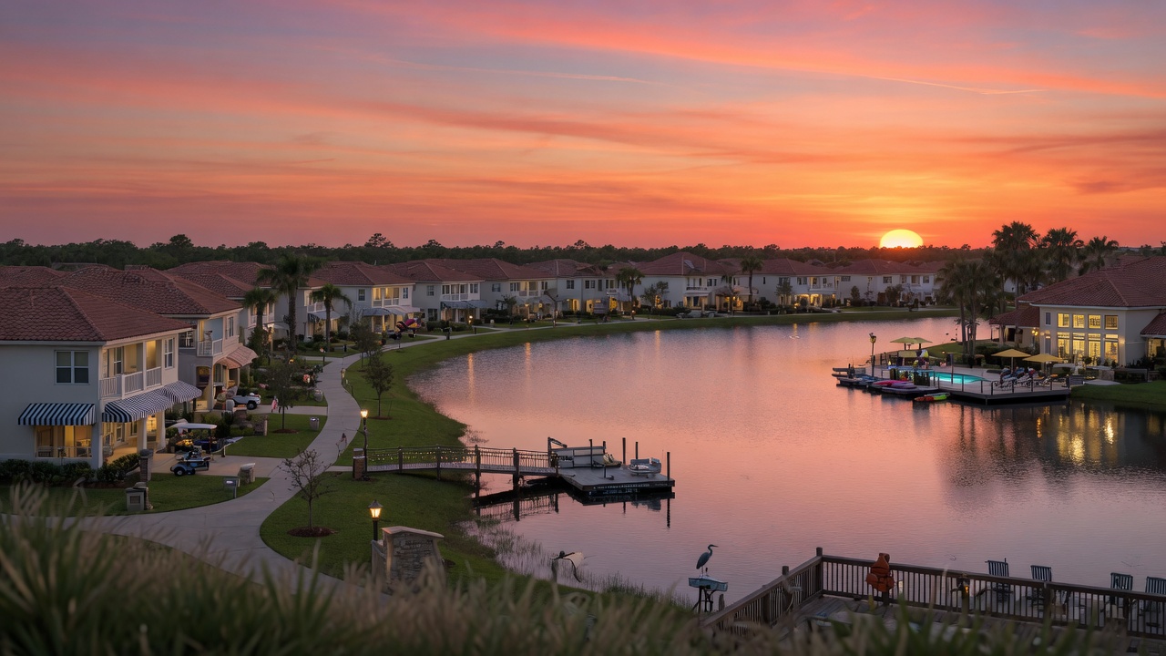 Sunset view over master-planned community lake in Estero Florida with new homes along shoreline and community amenities visible, serene 8K landscape