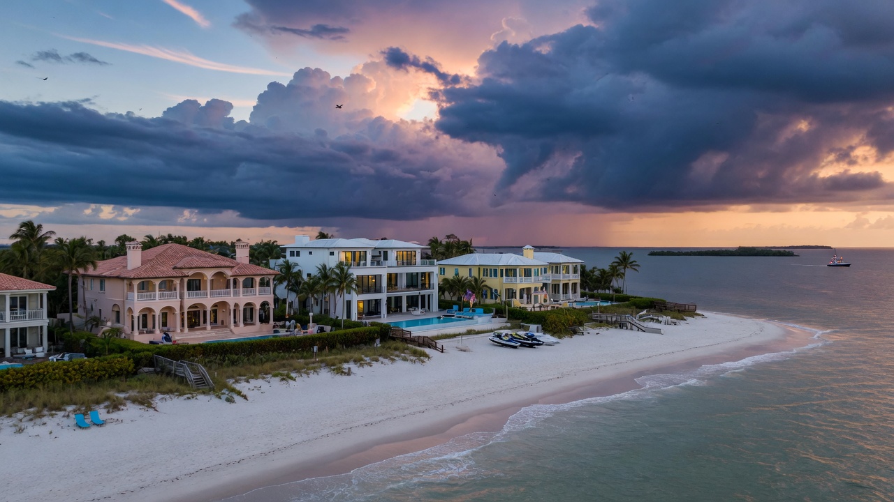Cinematic ultra-realistic 8K wide shot of the Naples Florida coastline showing luxury beach homes, white sand beaches, and the Gulf of Mexico with dramatic clouds