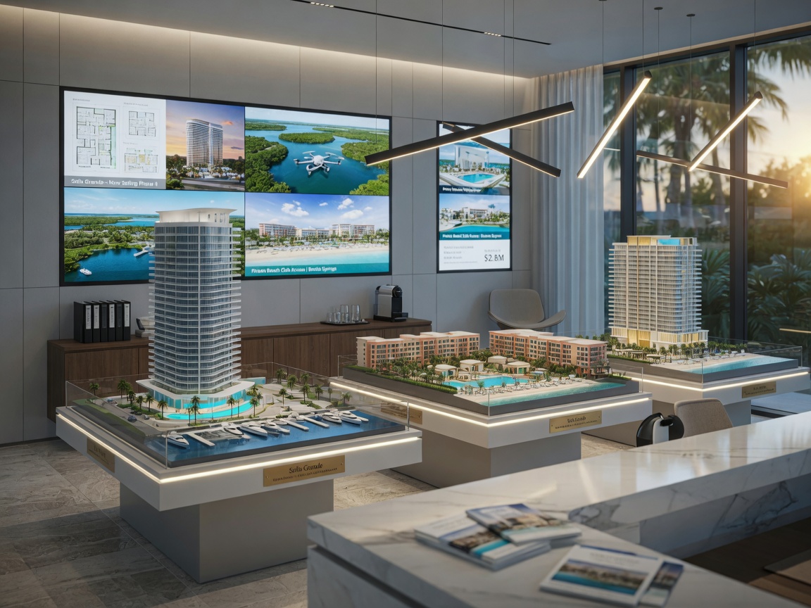 Modern Bonita Springs real estate sales office interior with architectural models of Solis Grande, Vivid Shores and Ritz-Carlton properties displayed professionally with digital screens