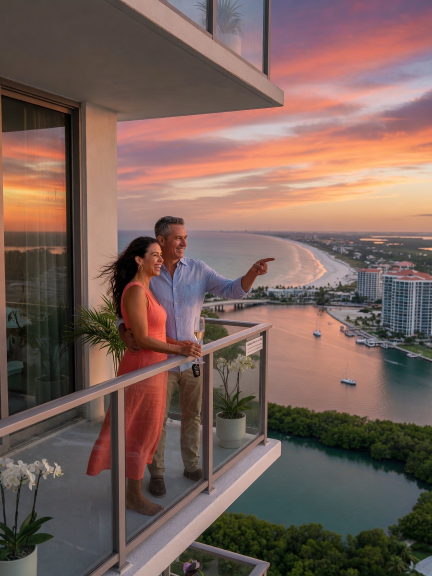 Ultra-realistic 8K image of a happy couple standing on their new Naples condo balcony in Estero Florida looking at beautiful coastal landscape