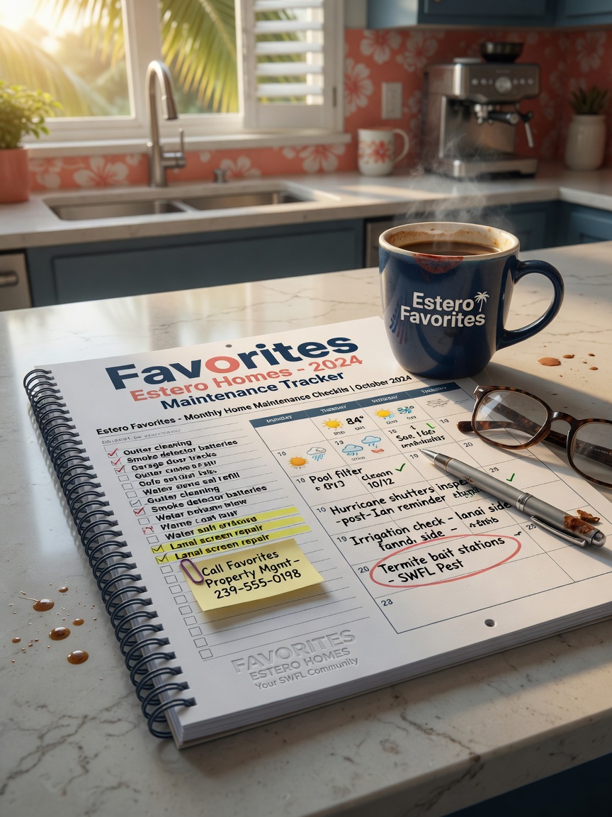 Ultra-realistic 8K image of maintenance checklist and calendar for Favorites in Estero Florida homes placed on kitchen counter with coffee mug