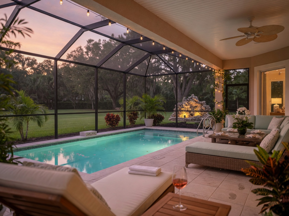 Peaceful evening view of well-maintained backyard and lanai in an Oaks of Estero home with screened pool, ultra-realistic 8K
