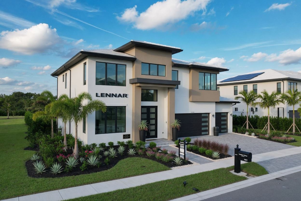 Professional real estate photography of modern Lennar villa exterior in Verdana Village Estero FL with contemporary landscaping and blue sky, ultra-realistic 8K detail