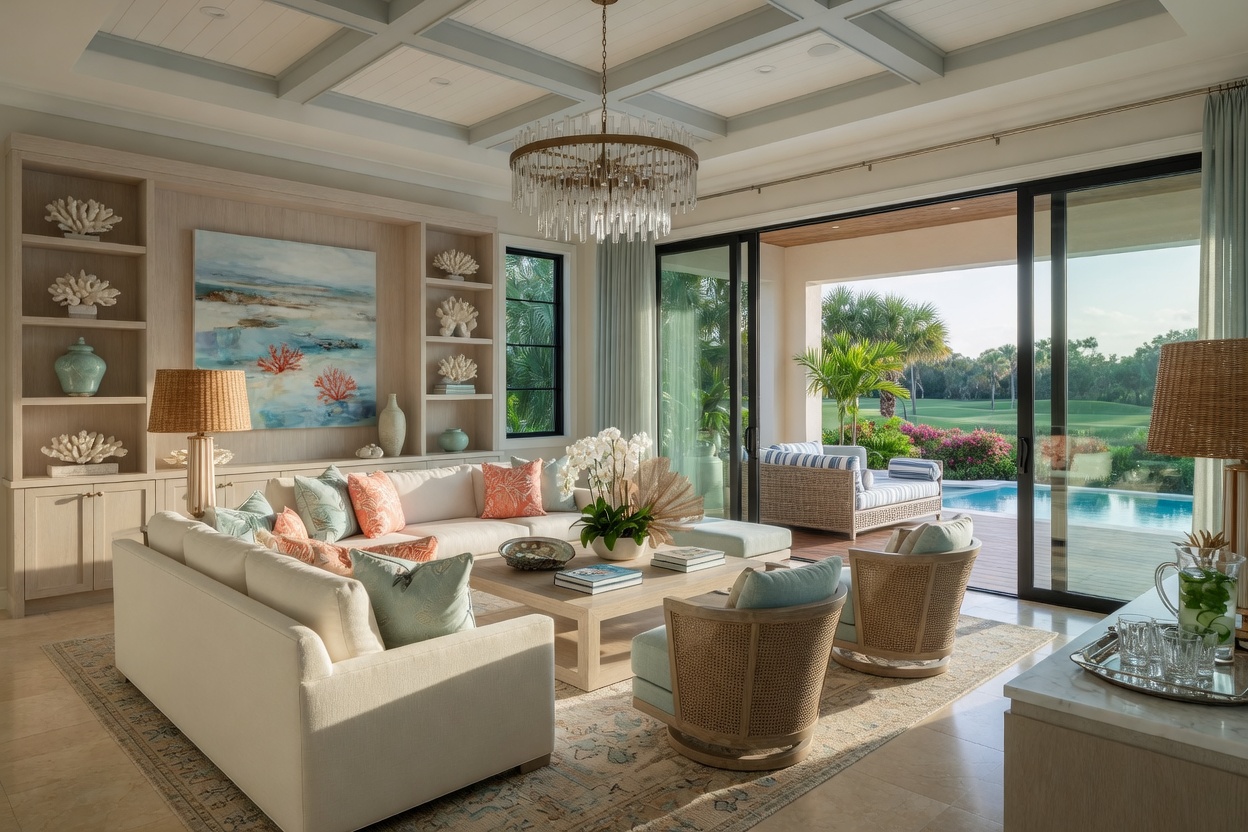 Professional 8K interior view of a luxury coach home great room in Mediterra Naples with high ceilings, modern coastal furnishings, and large sliding glass doors opening to a lanai
