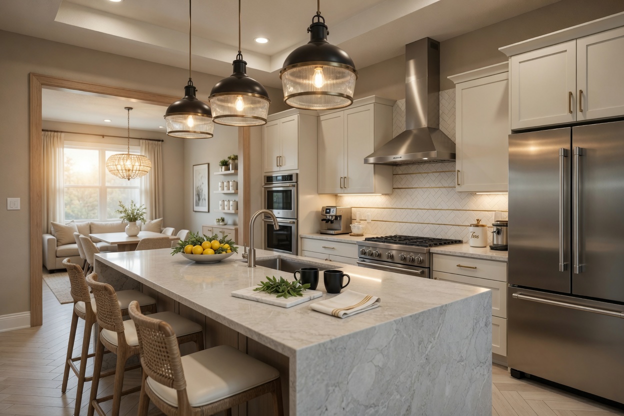 Luxurious contemporary kitchen interior in a Solis Grande Pulte townhome featuring quartz countertops, stainless steel appliances, large island with pendant lighting, and open concept design in warm neutral tones