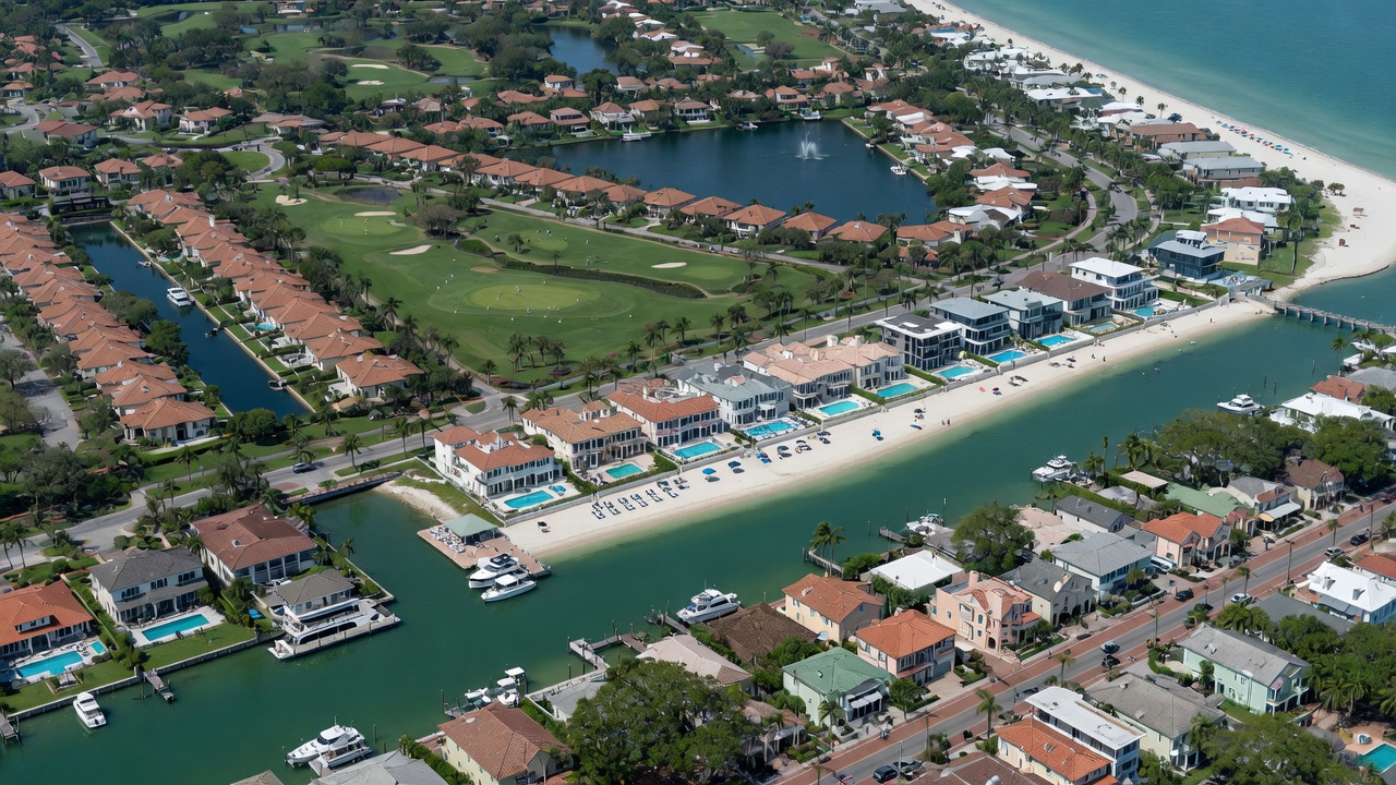 Ultra-realistic 8K image showing different Naples Florida neighborhoods aerial view including Old Naples historic district, beachfront properties, and gated North Naples communities, clear sunny day, sharp details