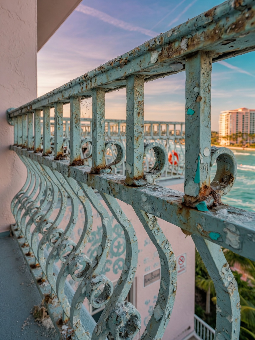 Close-up ultra-realistic 8K image of salt air corrosion on metal balcony railings of a Naples condo building in coastal Southwest Florida with ocean in background