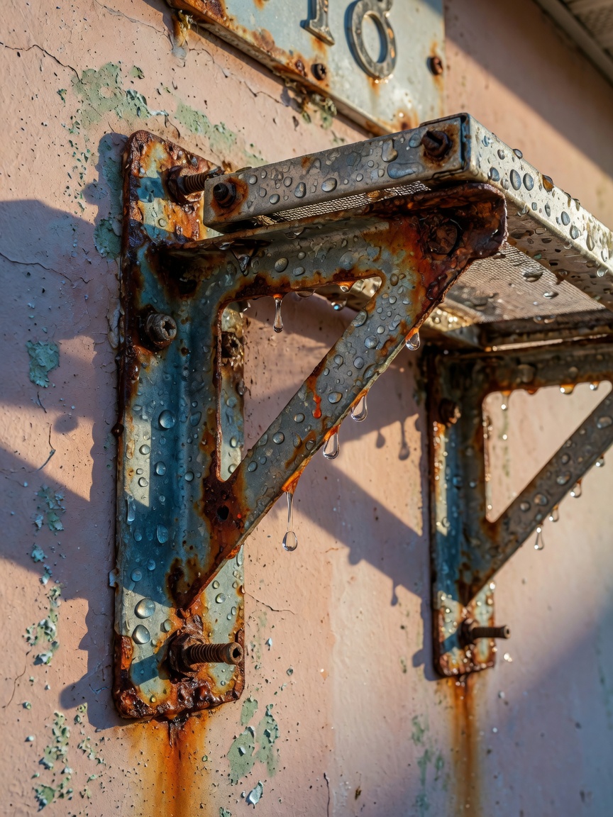 Ultra-realistic 8K close-up image of corroded metal brackets on an Estero home exterior caused by Southwest Florida salt air with water droplets and rust texture