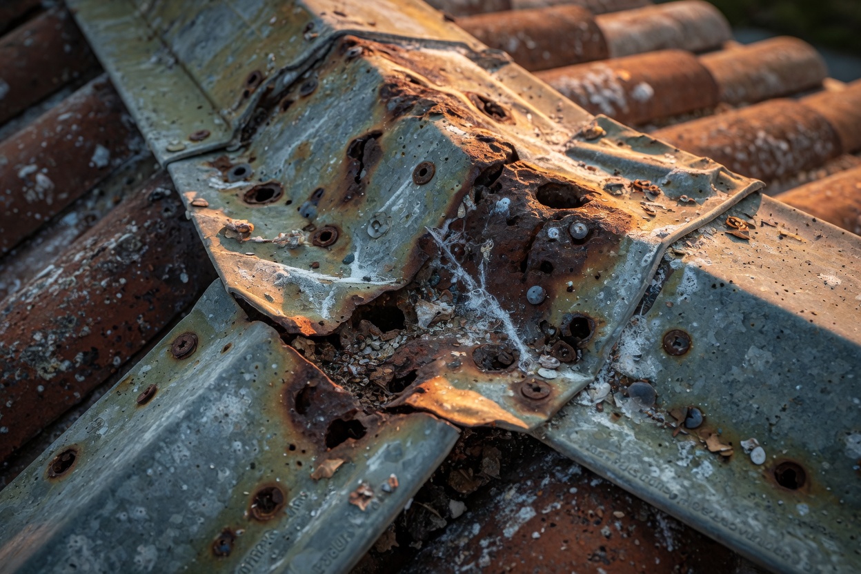 Close-up ultra-realistic 8K image of salt air corrosion on metal roof flashing in Estero Florida showing rust and pitting
