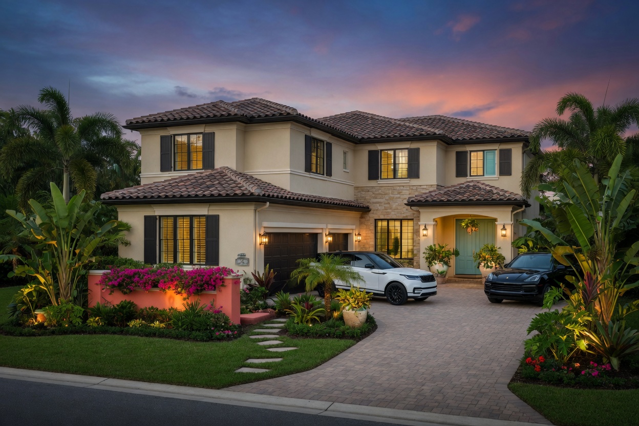 Luxurious single-family Pulte home in East Verdana Village with driveway and tropical landscaping, cinematic lighting, 8K ultra-realistic rendering