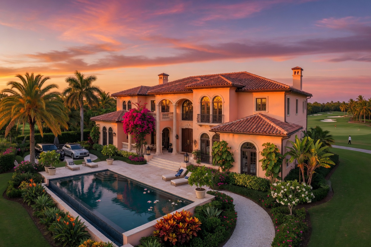 Ultra-detailed 8K exterior shot of an estate home on a large lot in Mediterra Naples with tropical landscaping, private pool, and golf course view at sunset