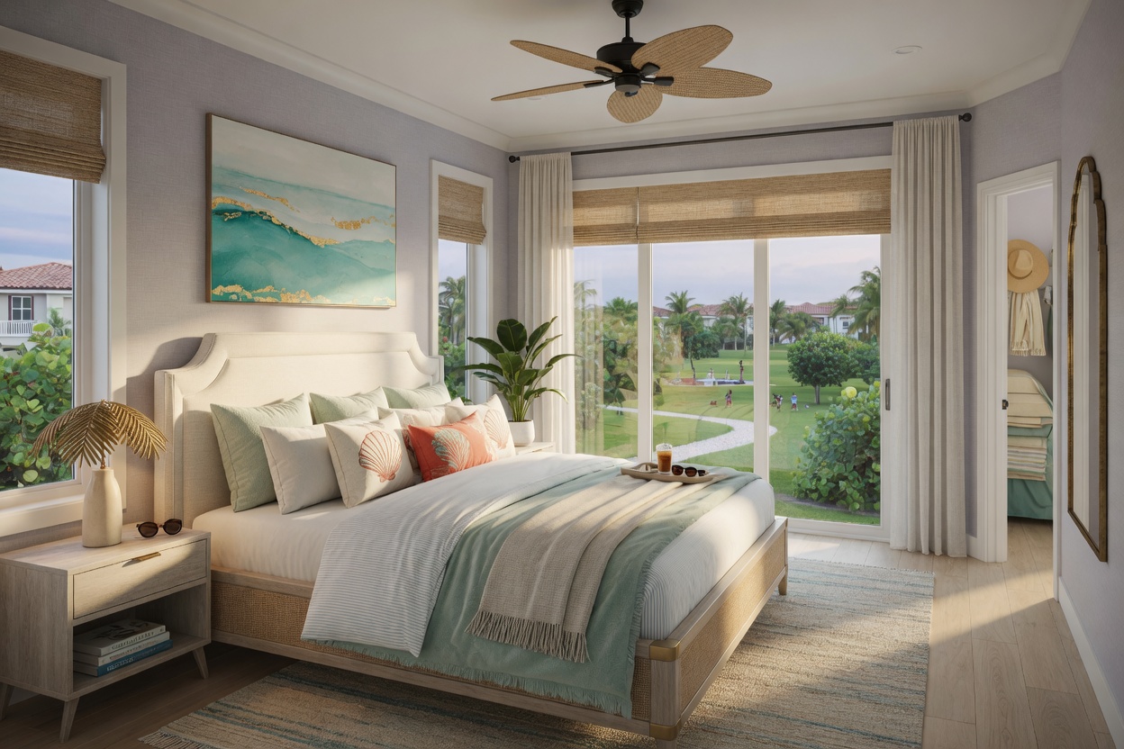 Spacious master bedroom in Solis Grande townhome with large windows overlooking community green space, king size bed with elegant linens, and modern coastal Florida styling in 8K ultra-realistic detail