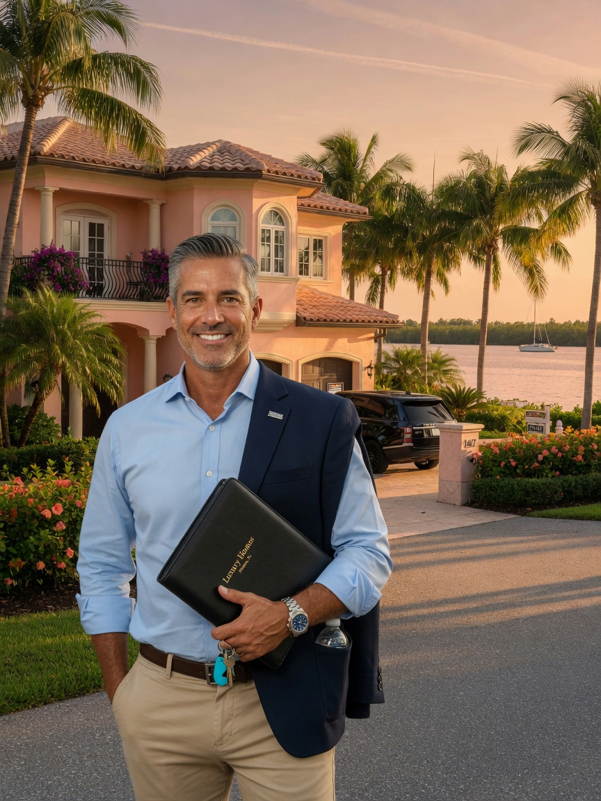 Professional ultra-realistic 8K portrait of a confident male real estate agent in business casual attire standing outside a luxury Naples Florida home, warm afternoon lighting, trustworthy expression