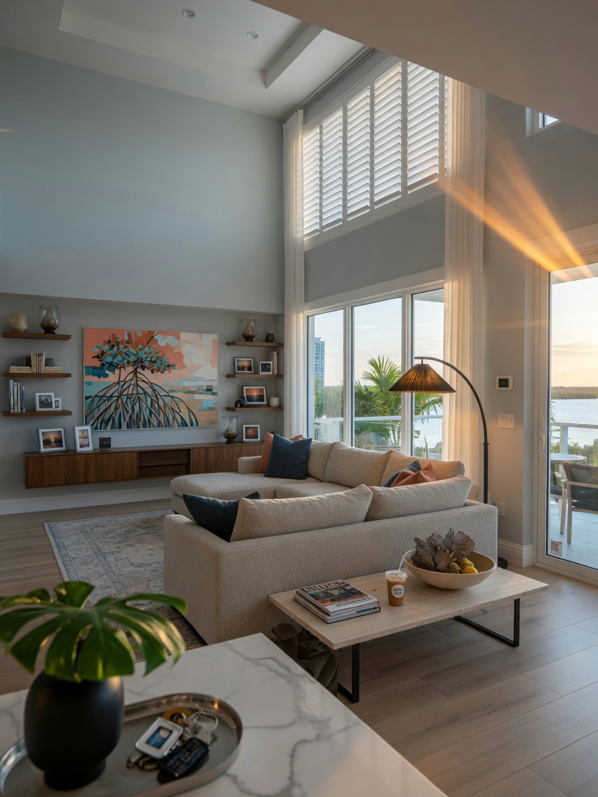 Ultra-realistic 8K interior view of spacious modern Naples condo living room in Estero with high ceilings, impact resistant windows, and contemporary furnishings