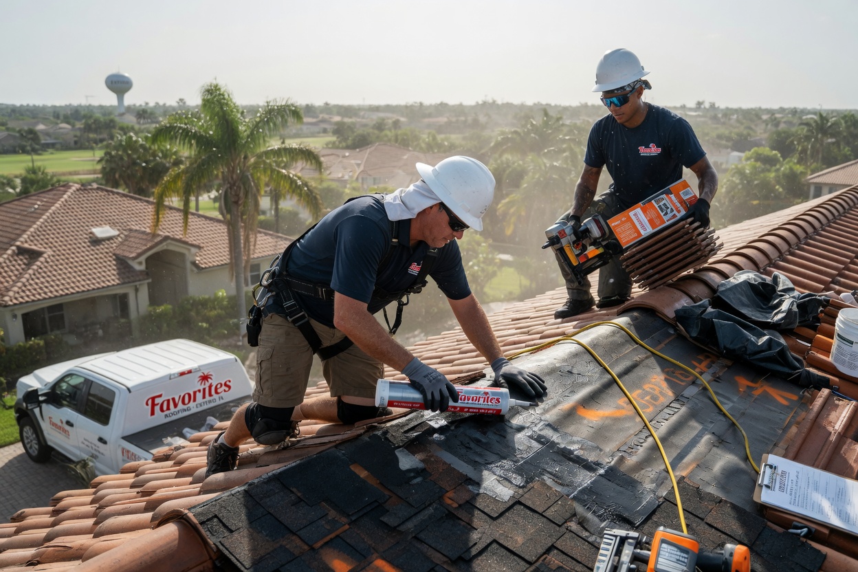 Ultra-realistic 8K image of professional technicians performing Favorites repair on a house roof in Estero Florida under bright summer sunlight with humidity haze visible