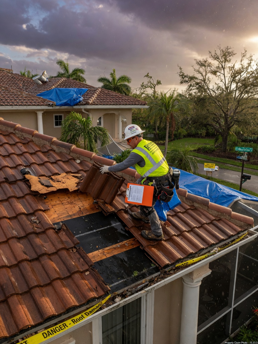 Professional licensed contractor inspecting roof damage on a house in Oaks of Estero after a storm, 8K ultra-realistic photography