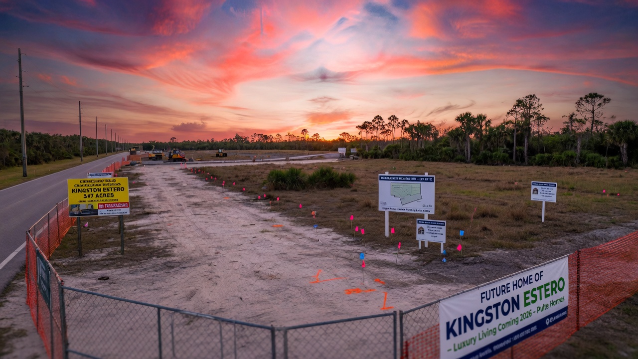 Construction site of future Kingston Estero community on Corkscrew Road with cleared land, future model home location markers, and sunset sky, photorealistic 8K
