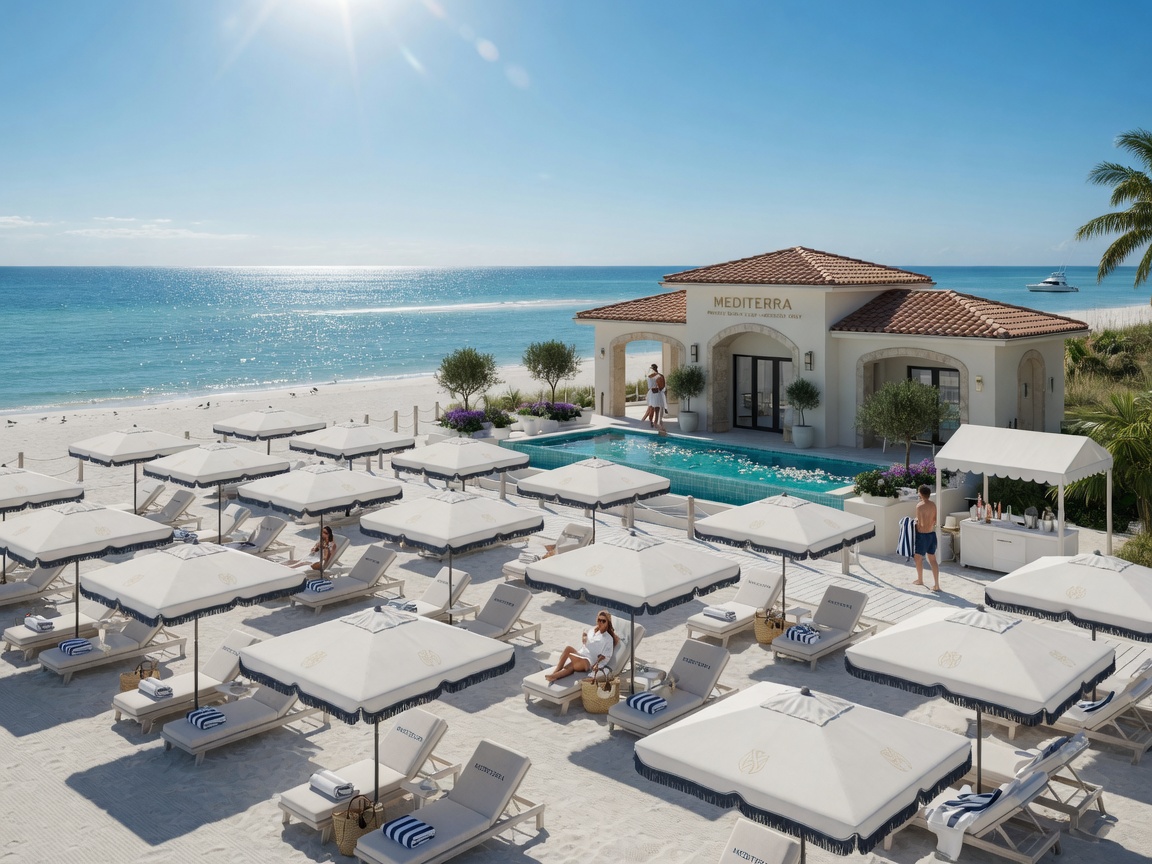 Realistic 8K image of Mediterra's private beach club facility with white sand beach, lounge chairs, umbrellas, and the Gulf of Mexico in the background on a clear sunny day