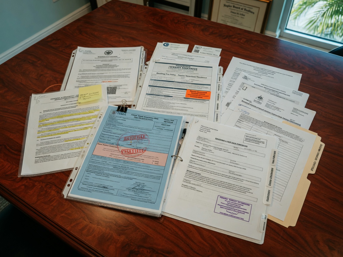 Ultra-realistic 8K close-up of real estate documents including HOA agreements, insurance policies, flood certificates and purchase contracts spread on a mahogany conference table in a Naples office